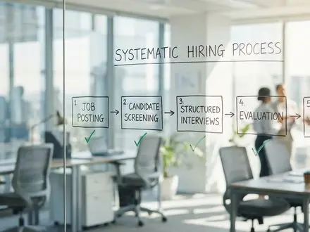 Whiteboard showing a structured 10-phase hiring process diagram