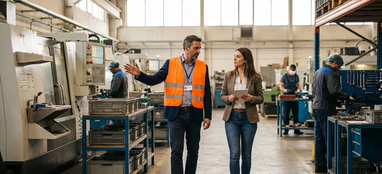 Hiring manager leading a job candidate on a tour through an active workplace facility