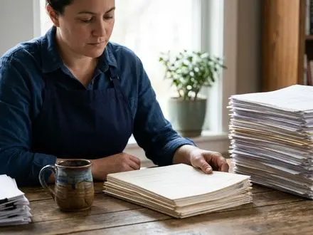 Small-business owner at a wooden desk in morning light, coffee mug beside three stacks of paper resumes with one stack clearly taller, in deep navy and warm wood tones with a muted green accent, shallow depth of field, documentary style.