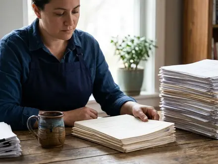 Small-business owner at a wooden desk in morning light, coffee mug beside three stacks of paper resumes with one stack clearly taller, in deep navy and warm wood tones with a muted green accent, shallow depth of field, documentary style.