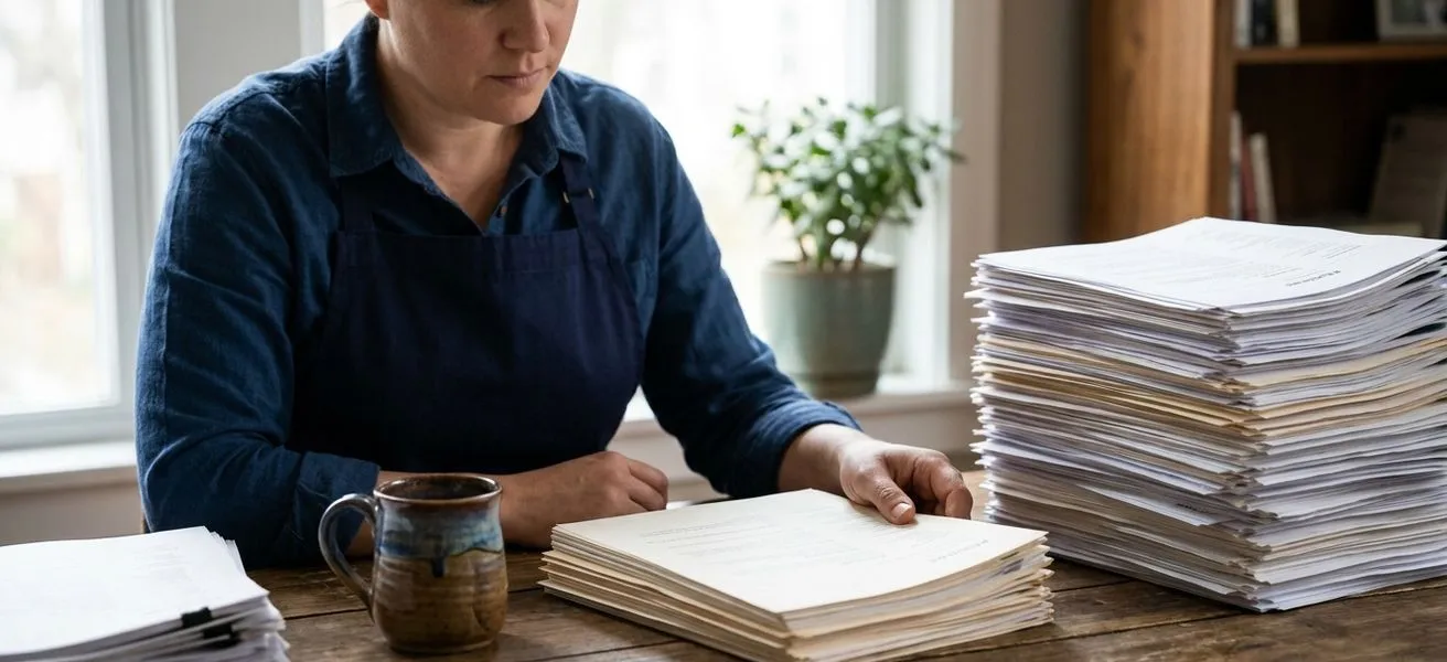 Small-business owner at a wooden desk in morning light, coffee mug beside three stacks of paper resumes with one stack clearly taller, in deep navy and warm wood tones with a muted green accent, shallow depth of field, documentary style.