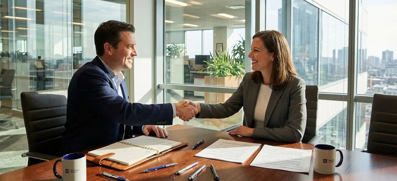 Hiring manager conducting a second interview with a candidate in an office setting