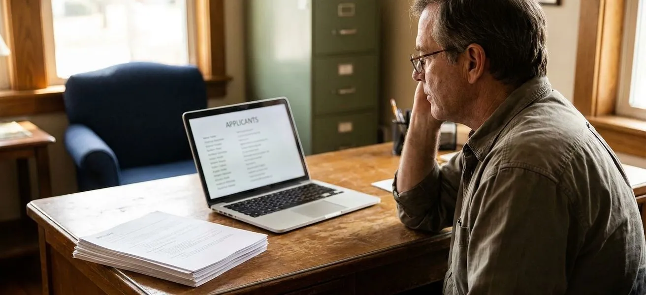 Small business owner in his 50s at a modest office desk, thoughtfully reviewing a ranked list of job applicants on a laptop with a stack of printed resumes beside him in warm natural window light.