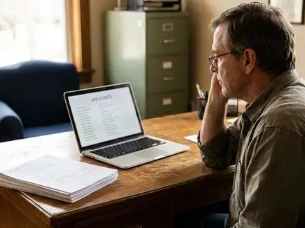Small business owner in his 50s at a modest office desk, thoughtfully reviewing a ranked list of job applicants on a laptop with a stack of printed resumes beside him in warm natural window light.