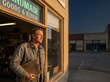 Weathered small-business owner in his early fifties stands in the doorway of his workshop at golden hour, clipboard under his arm, looking out toward town under a deep navy evening sky with warm light and a subtle green storefront glow, in a shallow depth-of-field, documentary-style 16:9 photograph.