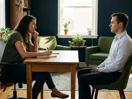 Small-business owner in a modest office interviewing a job candidate across a desk, taking notes with a thoughtful expression in warm natural light, shallow depth of field, 16:9.