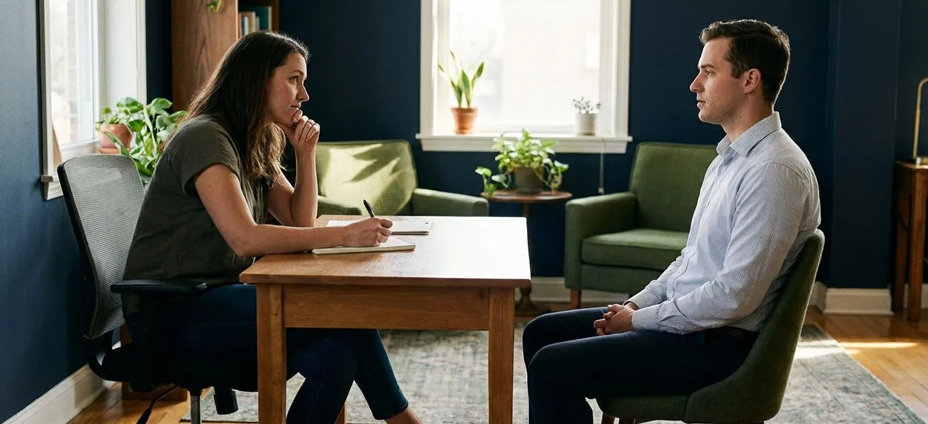 Small-business owner in a modest office interviewing a job candidate across a desk, taking notes with a thoughtful expression in warm natural light, shallow depth of field, 16:9.