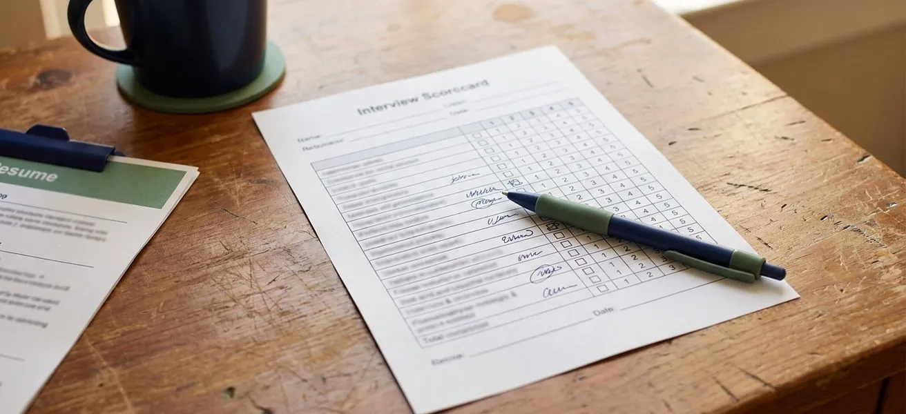 Overhead view of a wooden desk in warm light with an interview scorecard and pen in focus, and a coffee mug plus a single resume softly blurred to the side in deep navy and muted green accents.