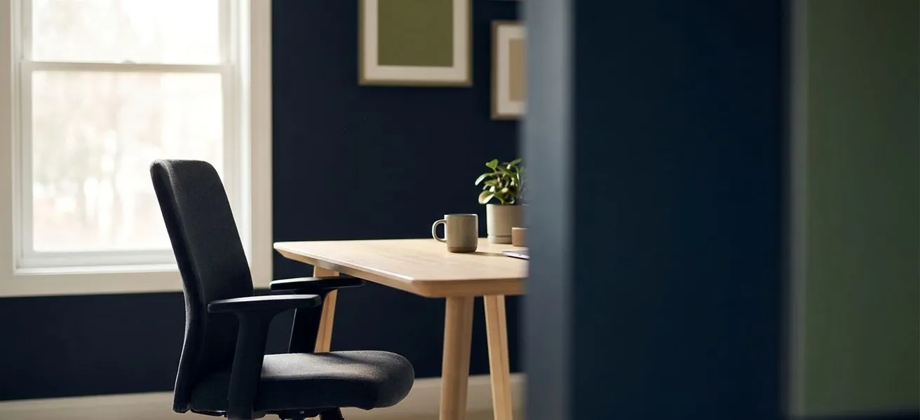 Empty office chair pulled back from a clean wooden desk in a small-business workspace with deep navy walls, muted green accents, and soft natural window light, leaving generous negative space on the right.