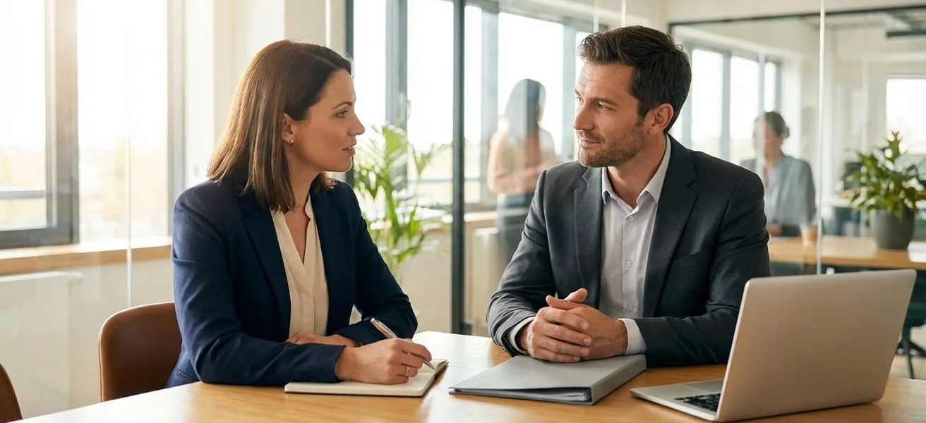 Two professionals in a job interview discussing behavioral questions across a conference table
