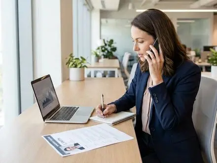 Hiring manager conducting a reference check over the phone with notes in front of them