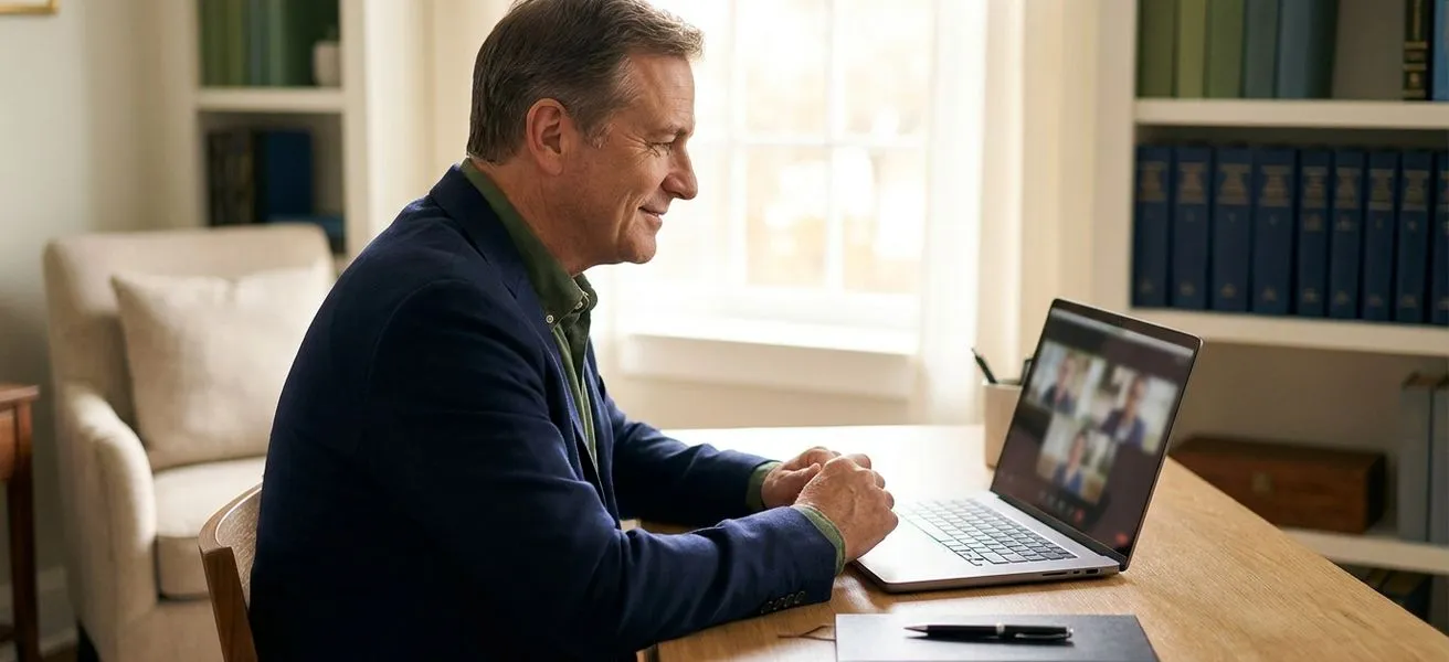 Small-business owner in his fifties at a tidy home-office desk, warmly lit from a front window, conducting a video interview on a laptop with a notepad, pen, and nearby empty chair in a calm, professional scene.