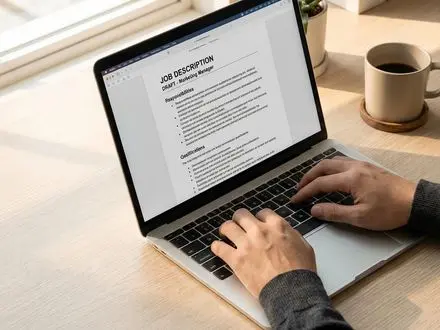Hands typing a job description on a laptop keyboard at a clean desk