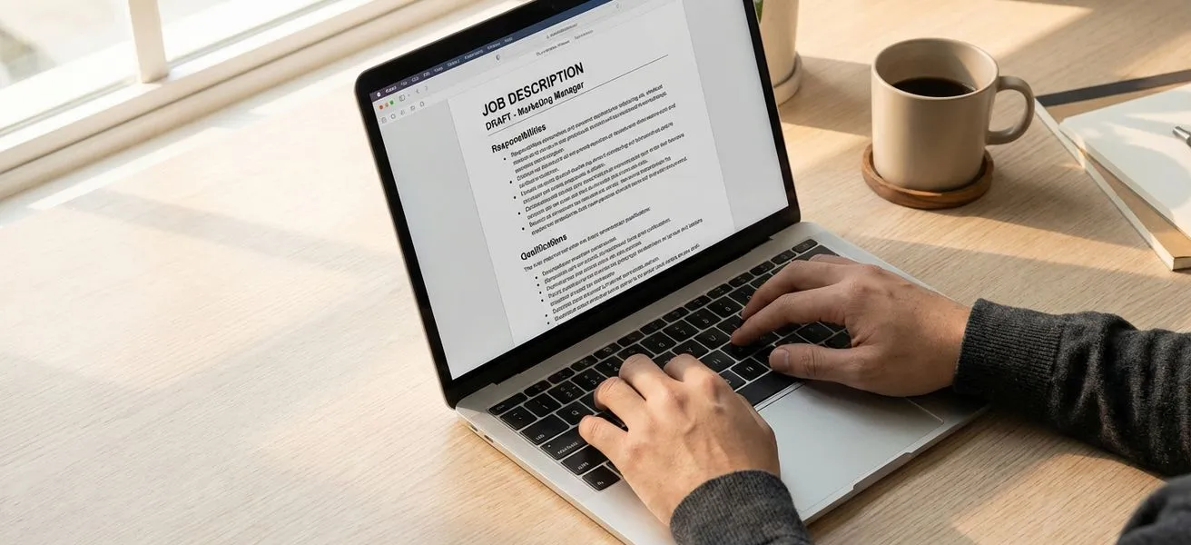 Hands typing a job description on a laptop keyboard at a clean desk