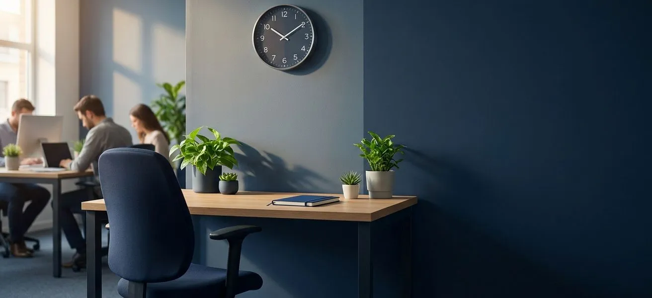 Empty workstation with an unoccupied chair and bare desk in the foreground of a small business office, with blurred coworkers at other desks in the background, in deep navy and green tones to convey the cost of a long-vacant role.