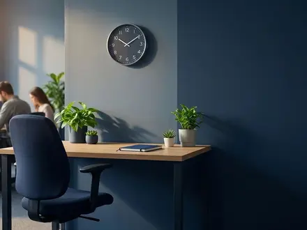 Empty workstation with an unoccupied chair and bare desk in the foreground of a small business office, with blurred coworkers at other desks in the background, in deep navy and green tones to convey the cost of a long-vacant role.