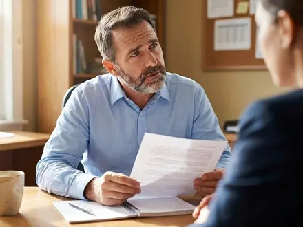 Small business owner reviewing a resume during a job interview, the moment when 90-day retention is decided