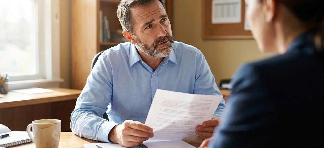 Small business owner reviewing a resume during a job interview, the moment when 90-day retention is decided